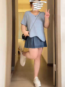 Plus Size Irregular Crew Neck Shoulder Short Sleeve T-Shirt Womens Summer Slightly Oversized Girls Super Slimming Minority All-Match Anti-Aging Top