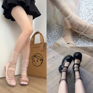 Black Lace Socks Women Pure Desire Small Polka Dot over Knee Summer Ultra Thin Transparent Fairy Mary Janes Mid-Calf Socks