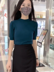 Womens Knitted Sweater Half High Collar Bubble Sleeve Seven Quarter Sleeve Fashionable Inner Wear Spring Autumn New Style T-Shirt