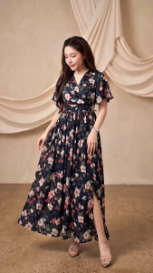 Đầm Maxi Voan Hoa Cổ V Tay Cánh Tiên Xẻ Tà Ruzimay R1800 – Dáng Dài Nữ Tính Đi Biển Dự Tiệc