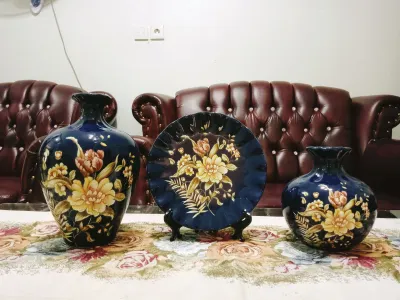 guci keramik motif bunga set / guci antik / guci + piring set / keramik hias meja / pajangan keramik / dekorasi rumah