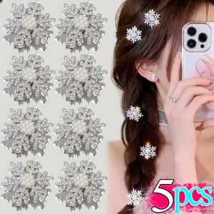 5pcs White Snowflake Pearl Hair Clip Winter Girls Small Sweet Cute Bobby Pin Women Fashion Retro Flower Hairside Headwear Accessories