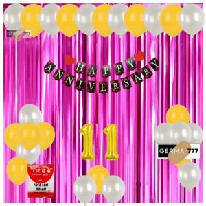 Set Dekorasi Pesta Balon Putih Ulang Tahun Pernikahan Banner Happy Anniversary Hitam Tirai Pink Tua