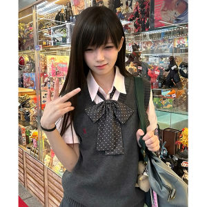 ชุด Jk ดั้งเดิม เสื้อสเวตเตอร์ถัก เสื้อกั๊ก ผู้หญิง สไตล์วิทยาลัยญี่ปุ่น งานปัก คอวี สีทึบเหนือศีรษะ แขนกุด เสื้อกั๊ก