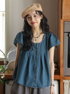 French Retro Loose Fit Cotton Shirt for Women 2024 Summer New Style Short Sleeve Button-Up Crewneck Shirt Versatile for Birthday Party