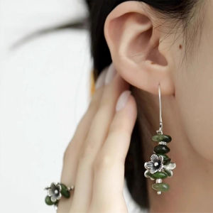 Retro Chinese Style Long Fashionable 925 Silver Earrings with Floral Design Antique Look Simple Ring Set for Women