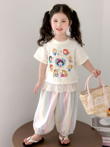 Princess Summer Outfit for Girls Sweet Lace Casual Korean Style Cotton Blend Thin Two-Piece Set Breathable Washable No Hat