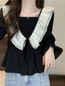Chiffon Shirt Womens Autumn Clothing Plus Size Plus Size Ladies Loose Slim Looking French Shirt Ruffles Short Stitching Square Collar Top