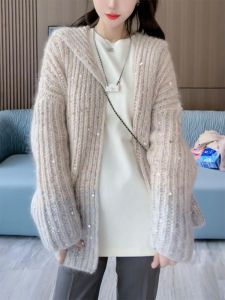 QINGNAER | Big Size Womens Cardigan Soft Knit Gradient with Sequins