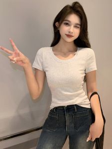 MiiOW | เสื้อยืดคอกลมแขนสั้นผ้าฝ้ายแท้สำหรับผู้หญิงในช่วงฤดูร้อน เสื้อเชิ้ตทรงเข้ารูปเอวเข้ารูป ทรงสลิมฟิต ทรงปกติ