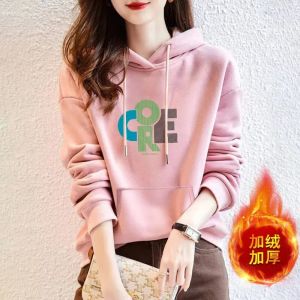 เสื้อสเวตเตอร์มีฮู้ดผู้หญิงสไตล์เกาหลีมีฮู้ดและไหล่บวกกำมะหยี่ทรงหลวมแฟชั่นสำหรับผู้หญิง