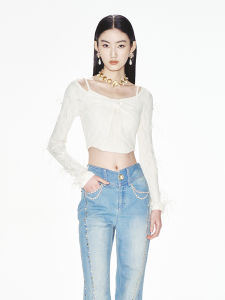 LeFame Original Ostrich Feather Knitted Top And Bottom Set Decorative Knitwear Long Sleeve Short Length Solid Color Polyester Blend