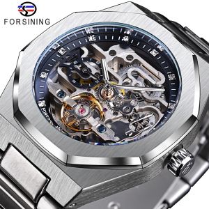 Forsining Silver Mens Watches: Top Brand Luxury Automatic Mechanical Stainless Blue Fashion Skeleton Waterproof Business Clock