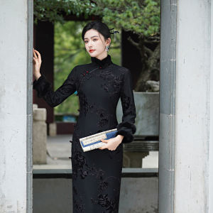 Thick Velvet Embroidery Modified Cheongsam Dress Long Sleeve