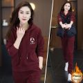Women's Fleece Lined Loose Thickened Hoodie Set Autumn Winter Sportswear Large Size Whole Set Long Pants Long Sleeve Zipper Closure. 