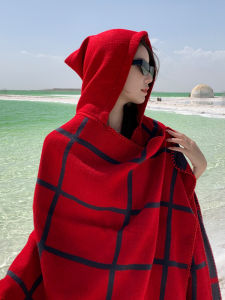 New 2025 Warm Hooded Shawl Travel Ladies Scarf Desert Outerwear Photography Pashmina Bohemian Plaid Pattern One Size Fits All