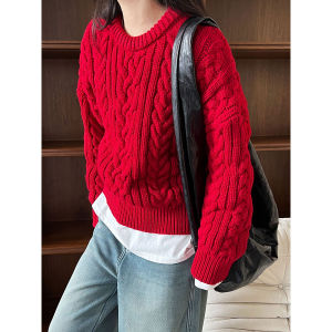Thickened Twisted Sweater Womens Loose Christmas Atmosphere Red Top Autumn Winter New Style Knitted Acrylic Blend Fabric