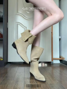 รองเท้าบู๊ตส้นกลางสไตล์ย้อนยุคสำหรับผู้หญิง ฤดูใบไม้ร่วง/ฤดูหนาว สไตล์ฝรั่งเศส ทรงหัวแหลม หัวเข็มขัด รองเท้าบู๊ตสไตล์วิสโคส