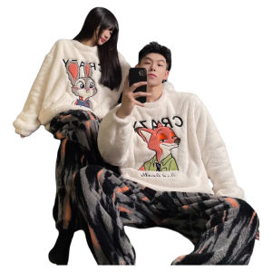 Dày Dặn Cặp Đôi Flannel Đồ Ngủ Nữ Phiên Bản Với Lông Cừu Mùa Thu Mùa Đông Quần Áo Gia Đình Hoạt Hình Bộ Đồ Ngủ Cổ Tròn Họa Tiết