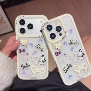 Sanrio | Luxury Cute White Bow Pudding Dog Phone Case For iPhone 17 Pro Max 16 Plus 15 Pro 13 14 Pro Max Shockproof Protective Soft Cover