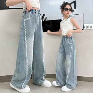 Girls Winter Fleece-lined Lace Loose Wide-leg Jeans