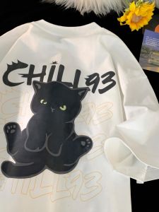 เสื้อยืดแขนสั้นผ้าฝ้ายแท้พิมพ์ลายแมวสไตล์อเมริกันสำหรับผู้ชาย ทรงหลวมสบาย ๆ สำหรับฤดูร้อน เสื้อยืดลำลอง