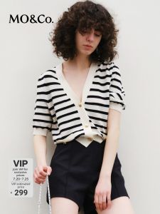 MO&Co. | Vacation Style Retro V-Neck Striped Knit Sweater Short Red