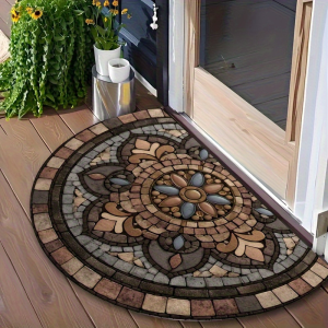 VIKAMA Half Round 3D Mandala Flower Grey Gold Layered Petal Art Crystal Velvet Door Mat Non Slip Entryway Bedroom Living Room