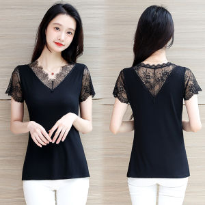 ฤดูร้อนลูกไม้แขนสั้น V คอเสื้อผู้หญิงใหม่แฟชั่น Modal Fiber SLIM FIT Belly ครอบคลุมเสื้อผ้าทํางานคลาสสิกสี Patchwork