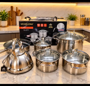Original Vichelena Brand 12pcs or 8pcs Kitchen Cookware Induction Bottom and Bakelite Handle Stainless Set 5 Steps Bottom Heavy Duty Cookware Set with FREE Wooden Spatula and Multi Kitchen Cutter