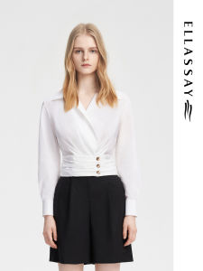 ELLASSAY Cotton Feel Design Sensation Short Womens Shirt Autumn Winter New Style Commute Style Slim Fit Long Sleeve White Shirt