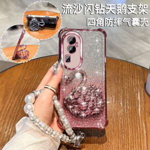 Luxurious Swarovski Crystal Swan Phone Case with Pearl Bracelet Full Cover Protection for Oppo RENO10 pro Shiny Sandflow Design