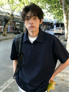 ZHUOCAN | Navy Blue False Two-Piece Short Sleeve Polo Shirt