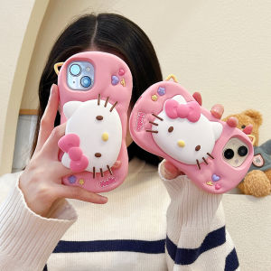 Lovely Hello Kitty Kickstand Soft Silicone Cell Phone Case Compatible for iPhone 16 15 14 13 12 Pro Max 14Promax with Bracelet Shock Proof Back Cover