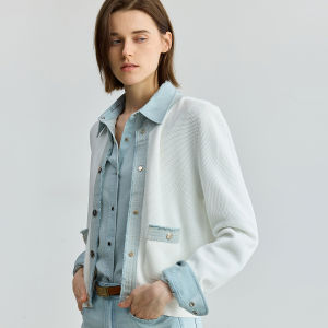 Lily | Áo Cardigan Knit Trắng Đắp Patchwork Denim