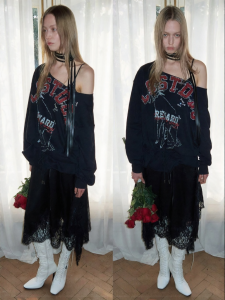 1JINN STUDIO | US Letter Animal Print Asymmetric Off Shoulder Drawstring Hoodie