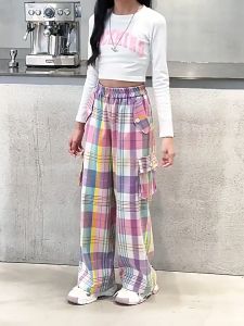 Cargo Pants for Kids Girls Pants for Kids Gilrs Colorful Checkered Pants High Waisted Elastic Waist With Multiple Pockets 130-160cm