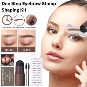 One Step Eyebrow Stamp Shaping Kit Brow Powder Stamp Makeup Long Lasting Waterproof Brow Gel with 12 Reusable Eyebrow Stencils