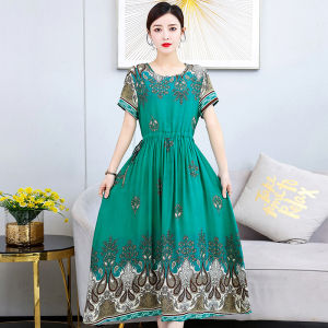 New 2025 High-End Cotton Silk Dress Summer Young Mom Beachy Sweet Long Skirt Loose Waist Print Ethnic Style A-Line Gown