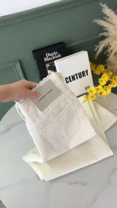 chen shop กางเกงยีนส์สีขาวขายาวทรงกระบอก  แถบเอวลูกไม้  คุณภาพสูง เนื้อผ้าดีระบายอากาศใส่สบ