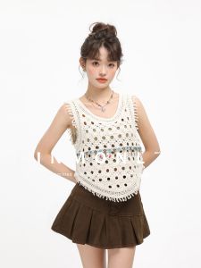 XinmonLee Bohemian Knitwear Womens Slim Fit Hollow out Design Summer Inner Wear Casual Style French Style round Neck Short Sleeve