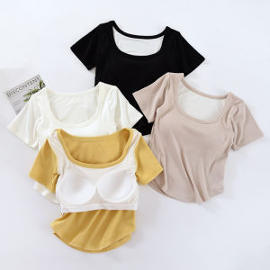 Womens Integrated Short Sleeve Base Shirt Waist Length Square Collar Fishbone Arc Outerwear Inner Match T-shirt Summer Simple Style