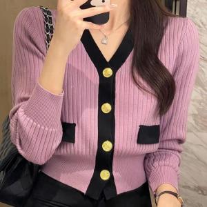 JIFANPAUL | French Style V-Neck Color Block Single Button Long Sleeve Knit Cardigan