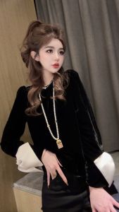 Áo Thun Nhung Cổ Tròn Thắt Nút Ngọc Trai Thời Trang Nữ Tay Dài Màu Đen Thường Ngày Mùa Đông Chất Liệu Khác 100%