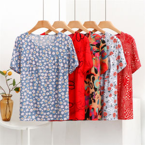 Loose Fit Short Sleeve Women's Top Cotton Silk Artificial Cotton Thin Summer T-Shirt Korean Style Round Neck Print Floral Pattern