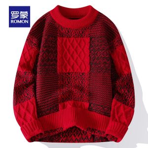 ROMON | Romon Mens Knitted Sweater Round Neck Big Red Color 2024 Dragon Year Base Layer Fashionable Winter Casual Loose Fit Style