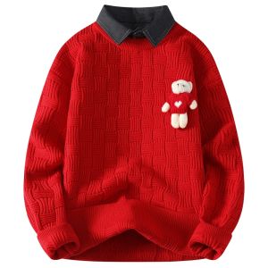 HENGYUANXIANG | Red Shirt Collar Knitted Sweater For Men Bear Decoration Couple New Year Match Knitted Base Shirt Fashionable City Style Winter Casual Loose Fit