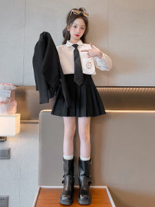 MPW | Girls Preppy Style Plaid Skirt Suit Spring Autumn Fashionable School Uniform Wind Long Sleeve Button Closure Midi Skirt Set