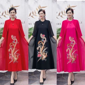 New Chinese Style Summer Ethnic Loose plus Size Embroidered Dress Meat Concealing Fairy Skirt Trendy mid Sleeve round Neck Cotton Dress