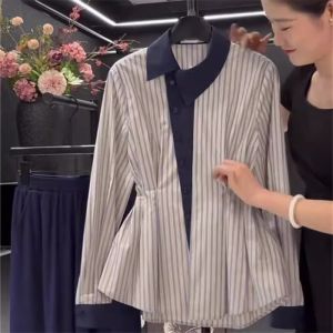 Autumn Street Style Womens Long Sleeve Striped Polo Collar Shirt Slim Fit Casual Fashionable Age-Defying Slimming Top